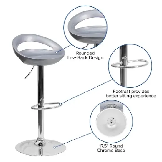 Flash Furniture Contemporary Plastic Adjustable Height Barstool with Rounded Cutout Back and Chrome Base image {9}