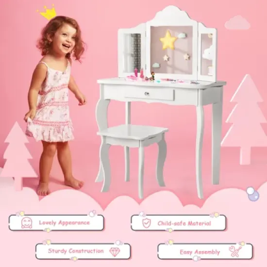 Costway Kid Vanity Table Set with Tri-folding Mirror 2-in-1 Makeup Dressing Table Stool Set image {5}