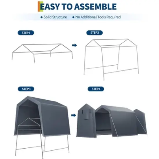 6' x 8' x 7' Outdoor Storage Shed, Portable Garage Tent with Waterproof PE Tarp, Roll-Up Zippered Doors & Vents for Bike, ATV, Motorcycle, Grey image {5}