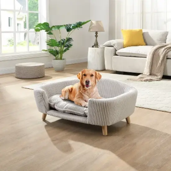 Gulches Beige Pet Bed - Elevated Corduroy Couch with Rubber Wood Legs for Small Dogs image {2}