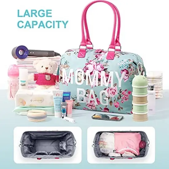 Itopfox Floral Mommy Bag 3-Piece Set, Large Capacity Waterproof Tote for Hospital, Travel, and Daily Use with Organizer Pouches (Blue Floral) image {3}