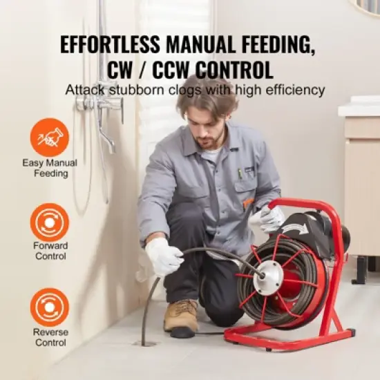VEVOR Drain Cleaner Machine 75FT x 1/2 Inch, Sewer Snake Auger Manual Feed, 370W Electric Drain Cleaning Machine, Red image {2}
