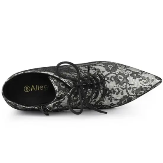 Allegra K Women's Pointed Toe Lace Up Stiletto Kitten Heel Lace Booties image {3}