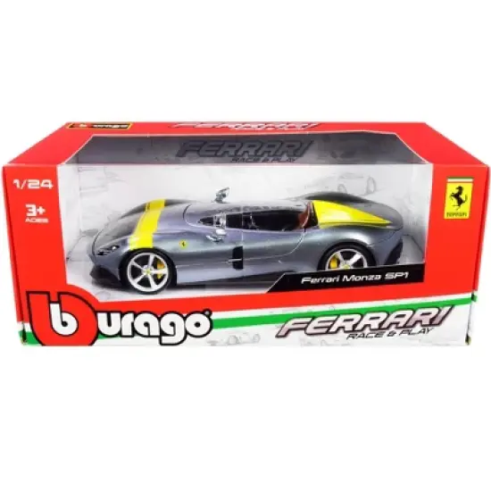 Ferrari Monza SP1 Silver Metallic with Yellow Stripes 1/24 Diecast Model Car by Bburago image {4}