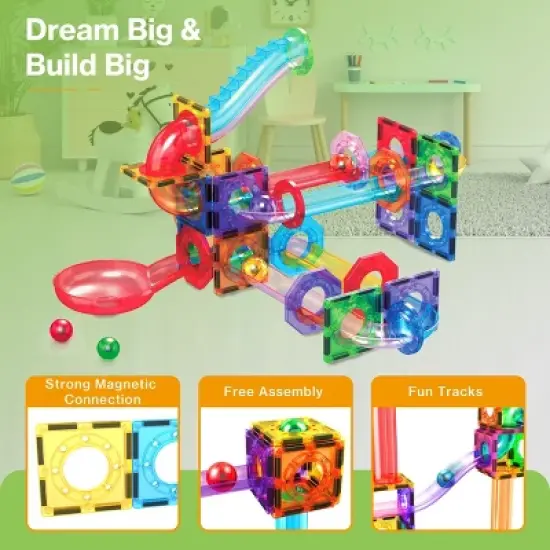 PICASSO-TILES Marble Run Magnetic Tiles for Kids, Construction Magnet Tiles Race Track Building Blocks STEM Toy, 61 PCS image {5}