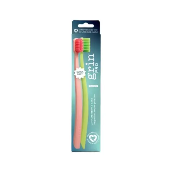 Grin Pro Ultimate 100% Recycled Plastic Handle Gentle Care Toothbrushes - Ultra Soft - Green/Pink - 2ct image {6}