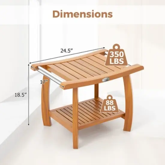 Tangkula Teak Wood Shower Bench 2-Tier Wooden Shower Stool w/ Curved Seat Handles Large image {8}