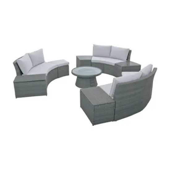 FIONECA 10-Piece Outdoor Sectional Half-Round Patio Rattan Sofa Set, Light Gray PE Wicker Conversation Furniture, Modular Combination image {9}