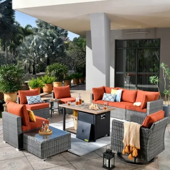 Venice 10pc Wicker Outdoor Patio Furniture Set Conversation Sofa with a Storage Fire Pit, Swivel Chair and Cushions image {20}