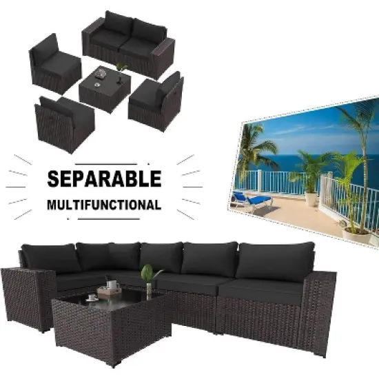 ALAULM 6PCS Outdoor Patio Furniture Set PE Wicker Rattan Sectional Sofa image {6}