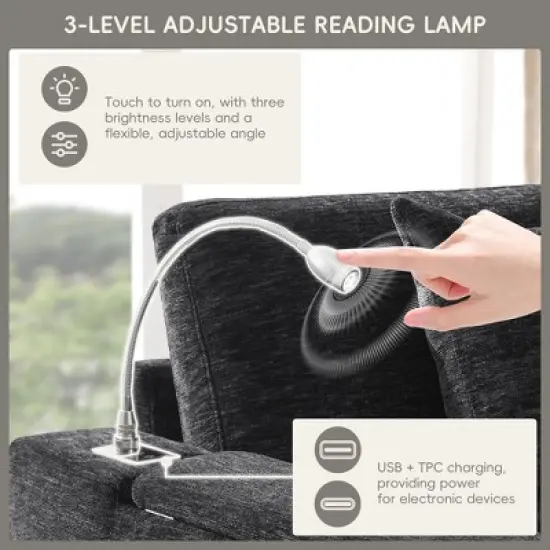 Whisen Chenille Sectional Pull-Out Sofa Bed with Flip-Up Table, Adjustable Reading Lamp, Charging Ports, Movable Storage Ottoman image {5}