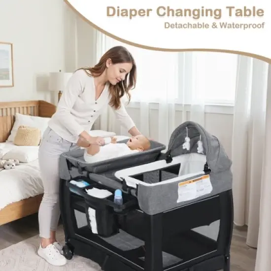 Kinder King 4-in-1 Convertible Baby Playard with Bassinet, Diaper Changer, Cradle&Bedside Sleeper, Breathable Mesh, Storage Organizer&Lockable Wheels image {1}