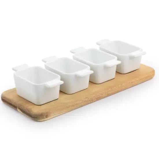 Gibson Elite Gracious Dining 5 Piece Fine Ceramic Tidbit Dish Set with Acacia Wood Base image {7}