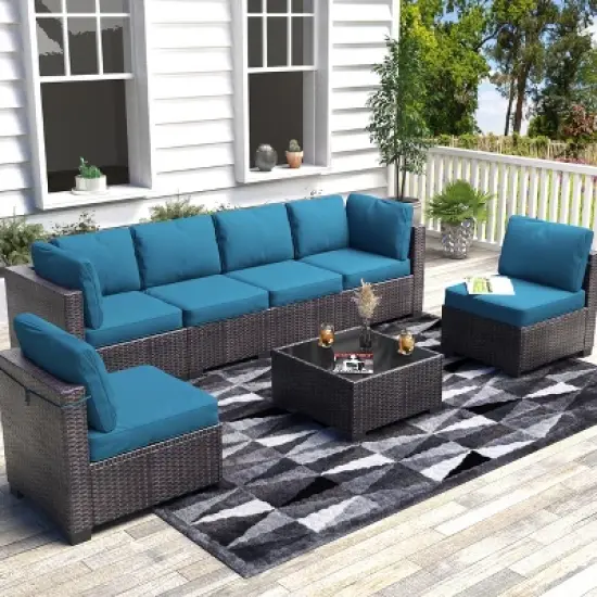 7-Piece Outdoor Patio Furniture Set, All-Weather Wicker Sectional Sofa with Cushions & Coffee Table, Rattan Set for Garden, Porch, Balcony image {11}