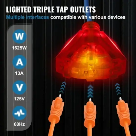 VEVOR Retractable Extension Cord Reel, 50 FT, Heavy Duty 14AWG/3C SJTOW Retractable Power Cord with Lighted Triple Tap Outlet, Black image {3}