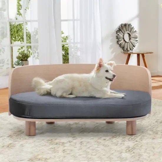Corgi 26" Wide Small Dog Bed with Removable Cover,Velvet Cushion With Solid Wood legs and Bent Wood Back-The Pop Maison image {9}