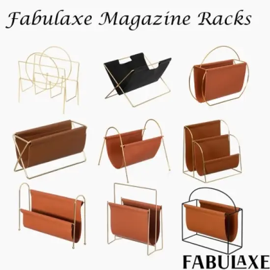 Fabulaxe Gold-Tone Metal Magazine Rack with Brown Faux Leather Sling Freestanding Organizer for Magazines Newspapers & Files image {4}