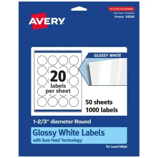 Avery Glossy White Round Labels with Sure Feed, 1-2/3" Diameter image {7}
