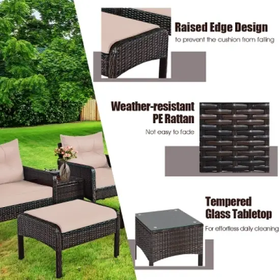 Tangkula 5-Piece Patio Rattan Conversation Set Cushioned Sofas and Ottoman Set with Table image {9}