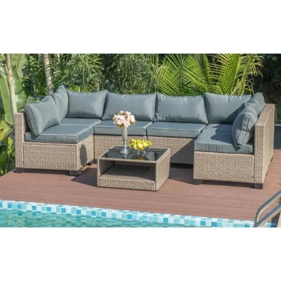 TIRAMISUBEST 7-Piece Patio Furniture Set,Outdoor Wicker Conversation Set Sectional Sofa with Waterproof Cushions & Coffee Table image {6}