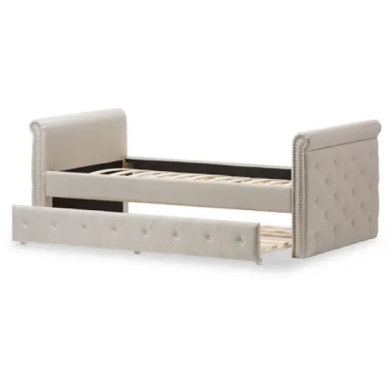 Twin Swanson Modern and Contemporary Fabric Tufted Daybed with Roll-Out Trundle Guest Bed - Baxton Studio image {4}
