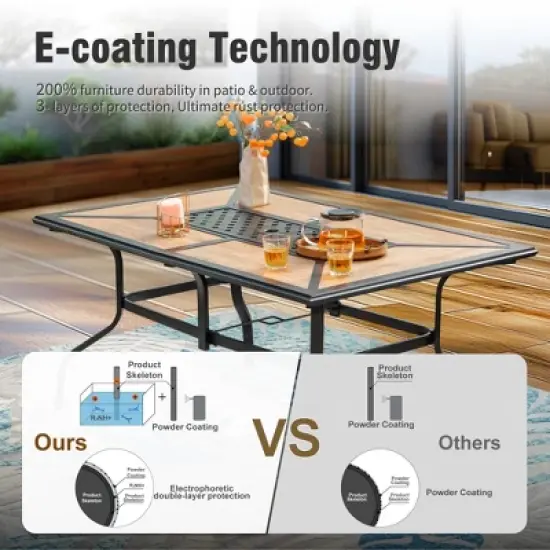 Captiva Designs 1Pc Outdoor Wood-look Rectangle Steel Frame Dining Table with Umbrella Hole image {8}