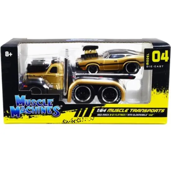 1953 Mack B-61 Flatbed Truck Gold & 1970 Oldsmobile 442 Gold w/ Black Top & Stripes 1/64 Diecast Model Cars by Muscle Machines image {2}