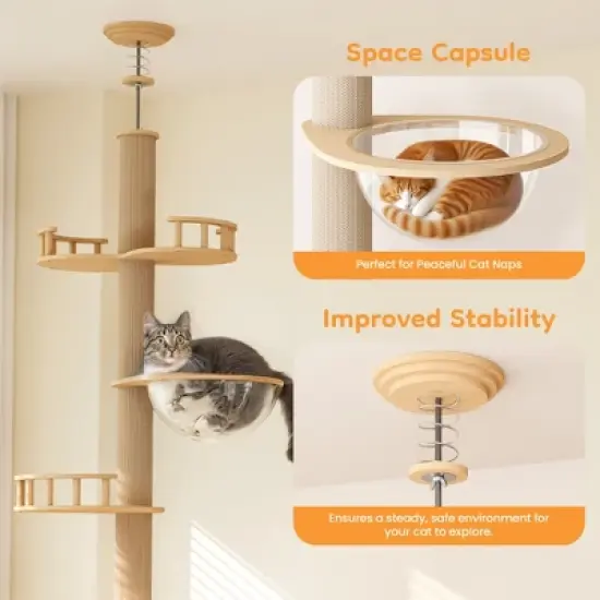 Heynemo Floor to Ceiling Cat Tree Tower with Acrylic Capsule, Adjustable Height, Sisal Scratching Posts, Multi-Level Design, Space-Saving Vertical image {5}