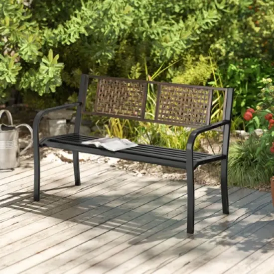 Costway 50" Outdoor Metal Park Bench with Rattan-Like Backrest & Curved Armrests image {9}