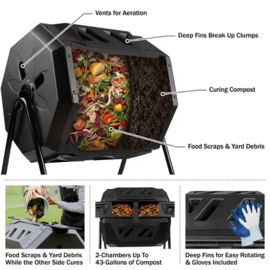 Pure Garden Compost Tumbler - 43Gal Compost Bin with Dual Chambers, 360-Degree Rotating Design, and Garden Gloves Included image {2}