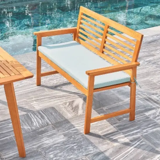 Waimea 3pc Honey Slatted Eucalyptus Wood Patio Dining Set with Bench & Cushions - Vifah image {3}