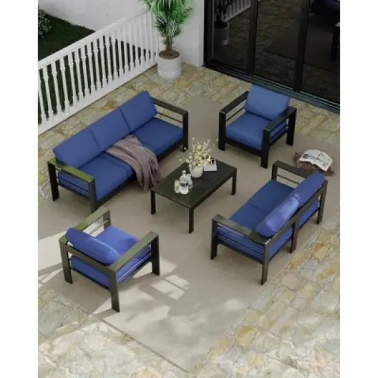 5 Pieces Aluminum Patio Furniture Set, Outdoor Sectional Conversation Set Sectional Sofa with Coffee Table & Thick Cushions image {2}