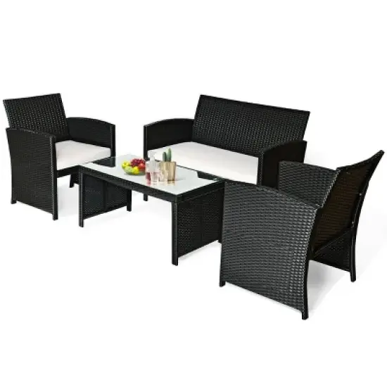 Costway 4PCS Patio Rattan Furniture Conversation Set Cushioned Sofa Coffee Table Black image {9}