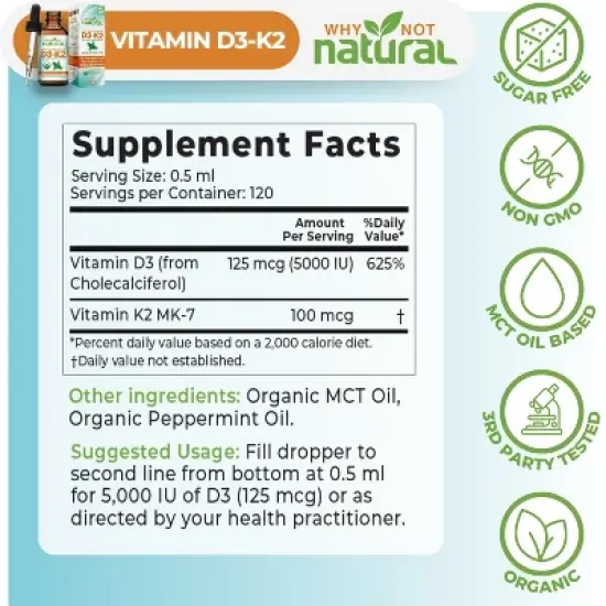 Why Not Natural Organic Vitamin D3 K2 (MK-7) Liquid Drops, 5000 IU with MCT Oil for Bone, Teeth, Heart & Immune Support image {4}