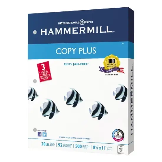Hammermill Copy Plus Copy Paper 3-Hole Punch 92 Brightness 20lb Ltr White 500 Shts/Rm 105031 image {2}