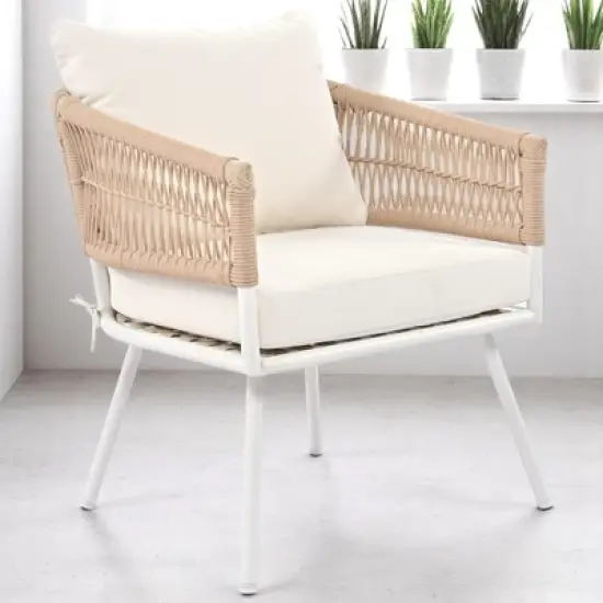 4-Piece Boho Patio Furniture Set with Handmade Rope Weave, Acacia Wood Table, and Metal Frame image {4}