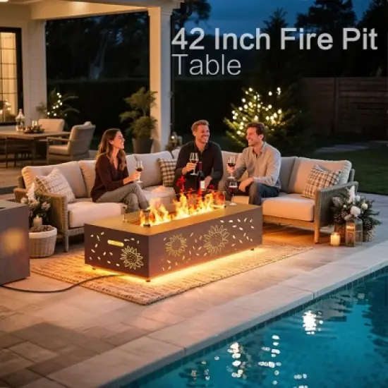 Evita 50,000 BTU Outdoor Fire Pit Table with LED Light, Propane Tank, Windshield, Glass Stone and Rain Cover-42*20*12 Inch image {4}