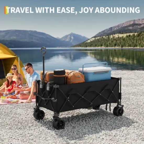Heavy Duty Foldable Wagon for Beach, Extra Large Collapsible Foldable Wagon for Camping, All Terrain Beach Wagons Extended with Cup Holders for Sand image {1}
