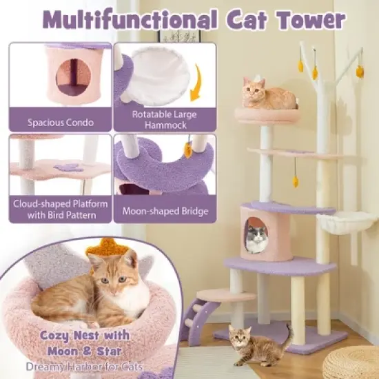 Tangkula 62" Cute Purple Cat Tree Tower w/ Ladder Sisal Covered Scratching Posts Indoor image {6}