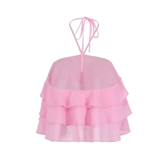 Women's Tiered Ruffle Cropped Halter Top - Begonia Pink image {2}