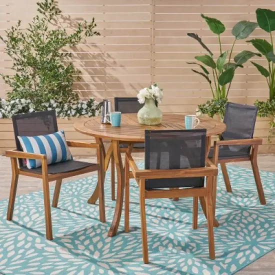 Christopher Knight Home Lockett Outdoor Mesh and Acacia Wood 5 Piece Dining Set image {11}