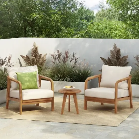 Christopher Knight Home Sylas 3 Piece Modern Acacia Wood Patio Seating Set with Woven Backrest and Deep Cushions image {11}