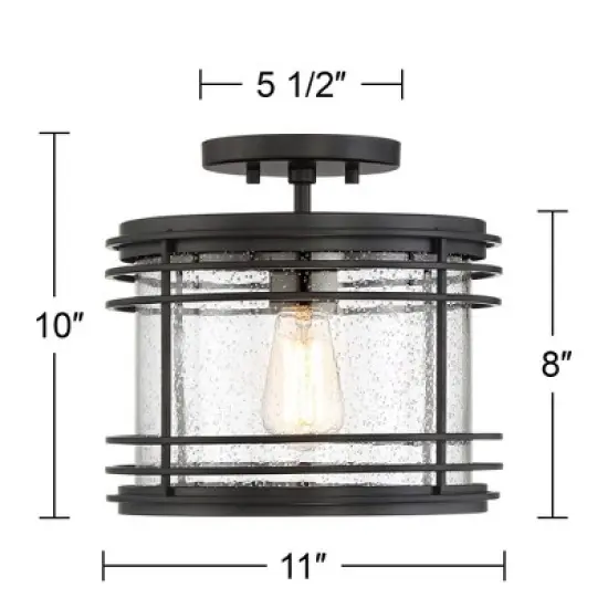 Possini Euro Design Modern Semi Flush Mount Outdoor Ceiling Light Fixture Black Geometric 11" Clear Seedy Glass for Exterior House Porch Patio Deck image {6}