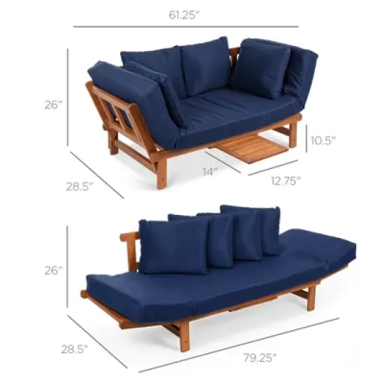 Best Choice Products Outdoor Convertible Acacia Wood Futon Sofa w/ Pullout Tray, 4 Pillows, All-Weather Cushion - Navy image {6}