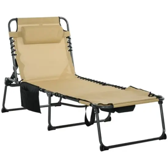 TIRAMISUBEST Folding Chaise Lounge Chair with 5 Adjustable Positions, Face Hole & Side Pocket for Beach/Patio/Yard, Beige image {1}