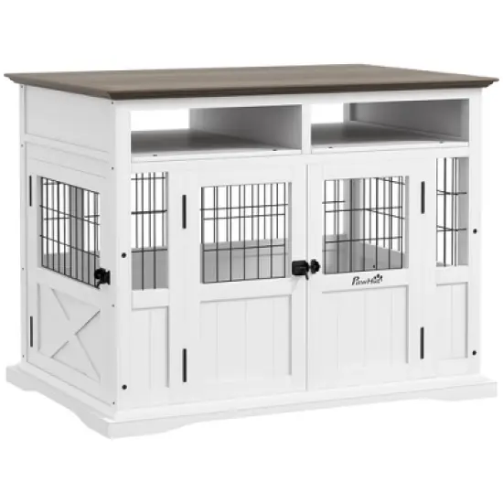 PawHut Dog Crate Furniture Side End Table with Storage, 41" Modern Wooden Dog Kennel Furniture with Double Doors for Small and Medium Dogs, White image {6}
