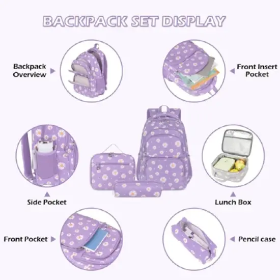 Daisy Printed Backpacks With Lunch Pack Pencil Case 3pcs, Lightweight Waterproof Bookbag For Middle School image {4}