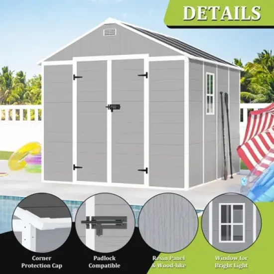 8*8ft resin storage shed, high quality pp material, strong structure, waterproof, rust and UV proof, large storage space, HD window lighting image {4}