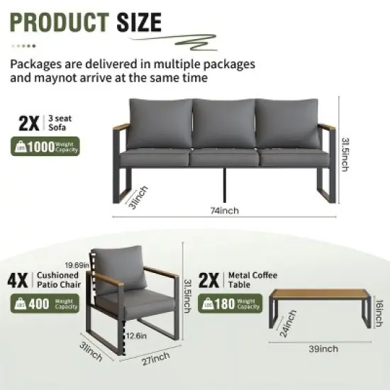 4-Piece Outdoor Patio Furniture Set,Modern Iron Conversation Set with Grey Cushions And Faux Wood Grain Frame-Maison Boucle image {2}