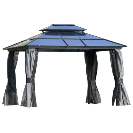 Outsunny Hardtop Gazebo Outdoor Polycarbonate Canopy Aluminum Frame Pergola with Double Vented Roof, Netting & Curtains for Garden image {8}